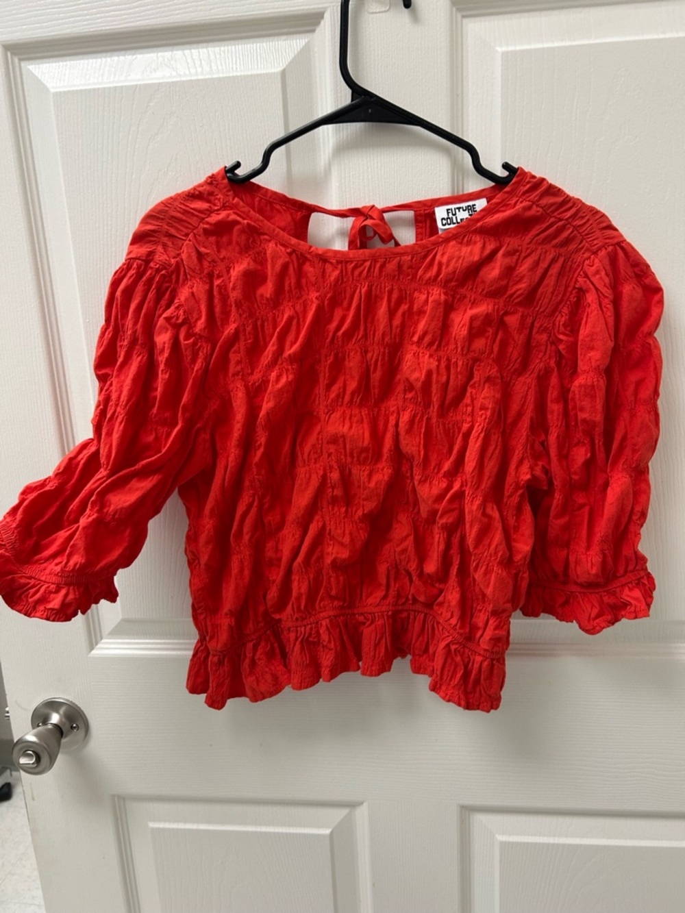 Future Collective Blutstein Smocked Red Crop Top Small Puff Sleeve Boho Peasant - Picture 2 of 8